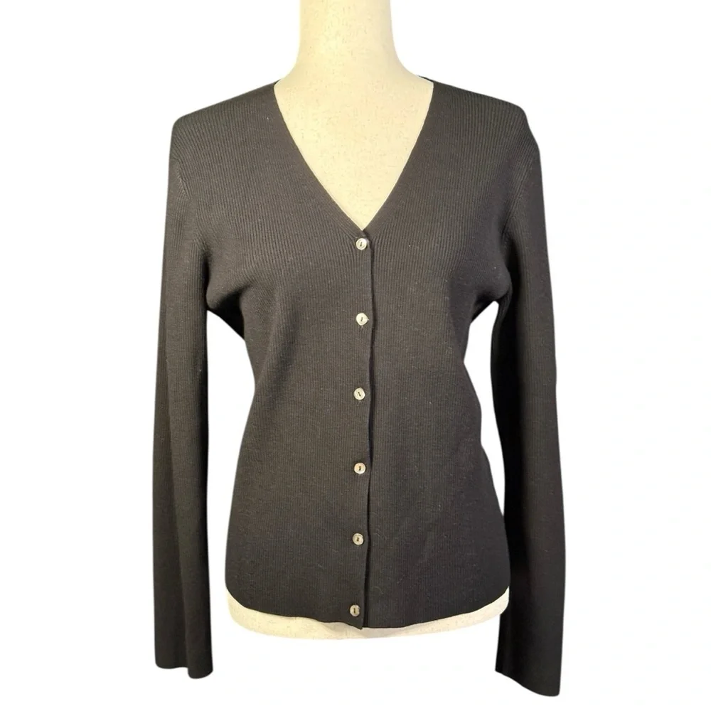 Max Studio Minimalist Black Ribbed Cardigan Sweater Button Front NWT Large - Picture 1 of 7